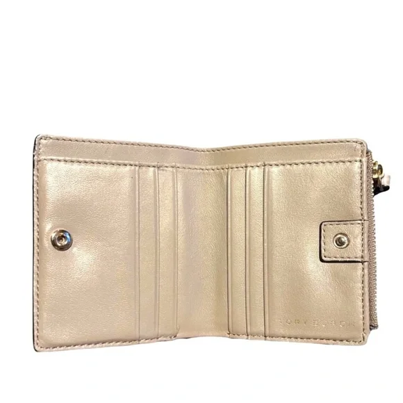 Tory Burch Mini Wallet Peace Sign Heart Embroid Brown Gray Leather 6 Card Slots